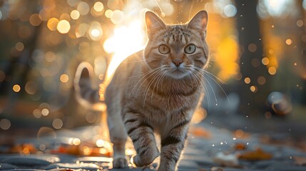 Tabby cat walking on cobblestone bridge, city skyline background, golden hour lighting, warm sunlight, lens flare, depth of field, high detail, cinematic atmosphere.