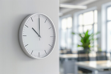 Round circle clock on the business office wall indoors. Time management concept, modern object decoration, work deadline, hour, minute, second,