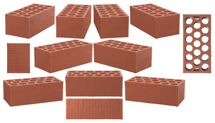 Rectangular ceramic brick perforated from various perspectives on a transparent background. Realistic 3d render.