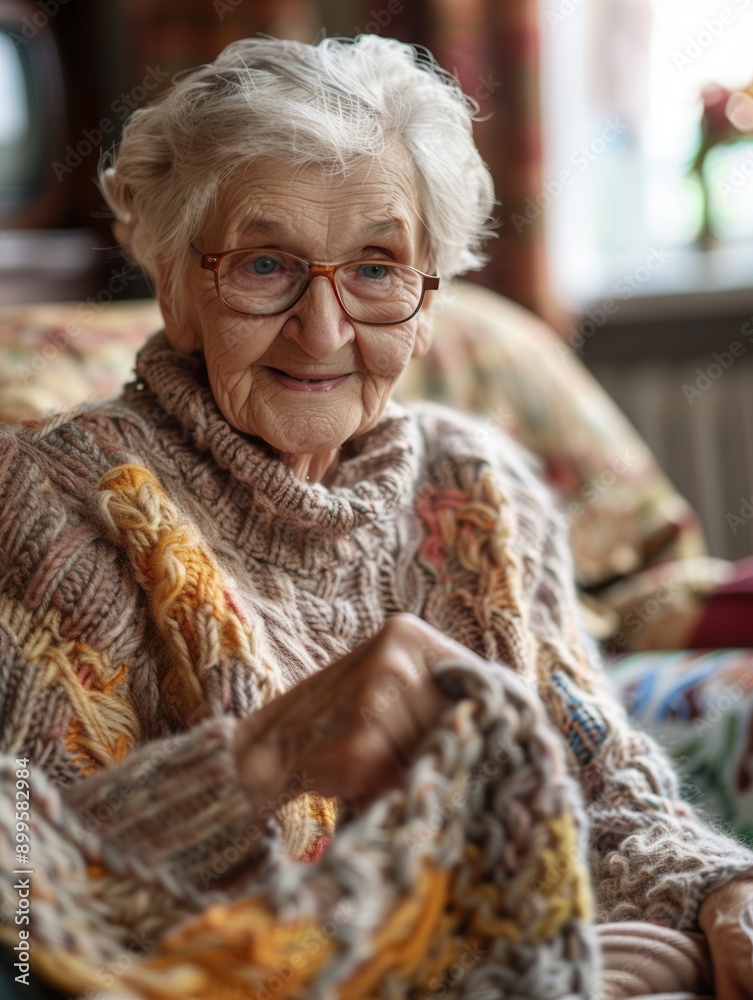 Poster elderly people engage in knitting and crafting while sharing laughter and learning in a bright commu