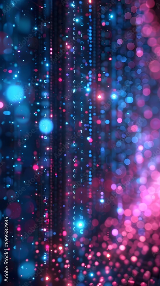 Poster mesmerizing digital matrix background with flowing binary code and neon lights