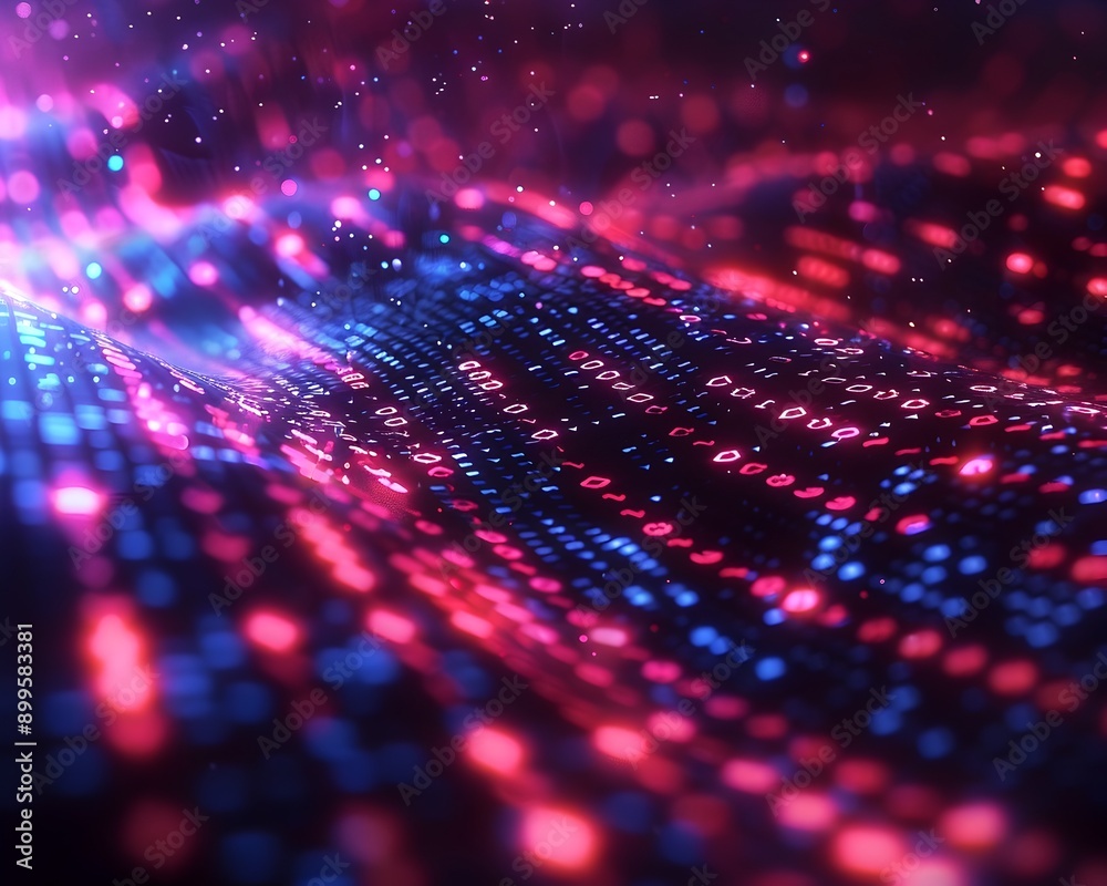 Aufkleber flowing binary code with neon lights and digital data stream in dark cyber background