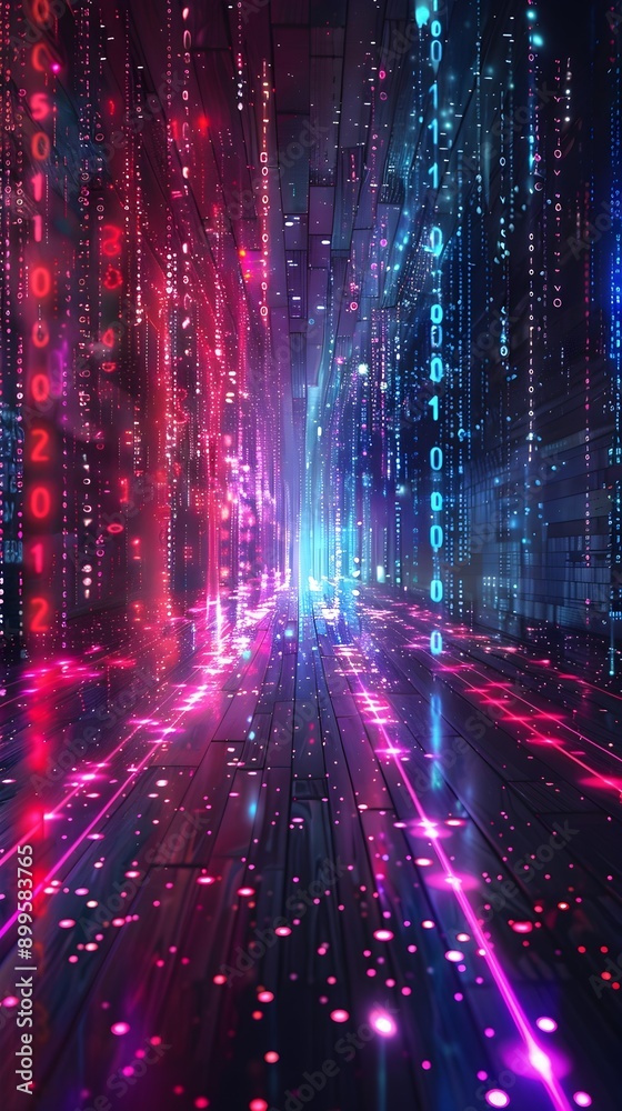 Poster mesmerizing digital matrix with flowing binary code and neon lights endless cyber data stream concep