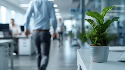 Hectic office with employees running between desks and urgent messages on computer screens.