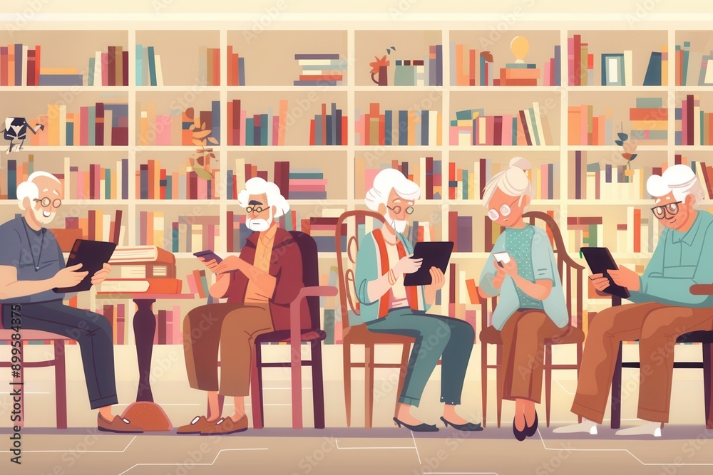 Aufkleber a group of elderly individuals enjoy their time reading books and using tablets in a warm, inviting 