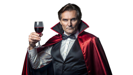 Elegant Man Dressed as a Vampire Holding a Glass of Red Wine at a Halloween Party