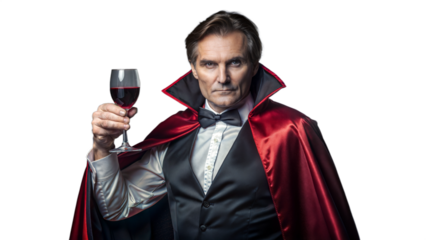 Elegant Man Dressed as a Vampire Holding a Glass of Red Wine at a Halloween Party