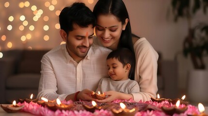 Family celebrating Diwali with lotus diyas and light decorations, warm and festive