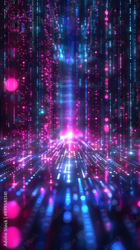 Poster mesmerizing digital matrix with flowing binary code and vibrant neon lights endless cyber data strea