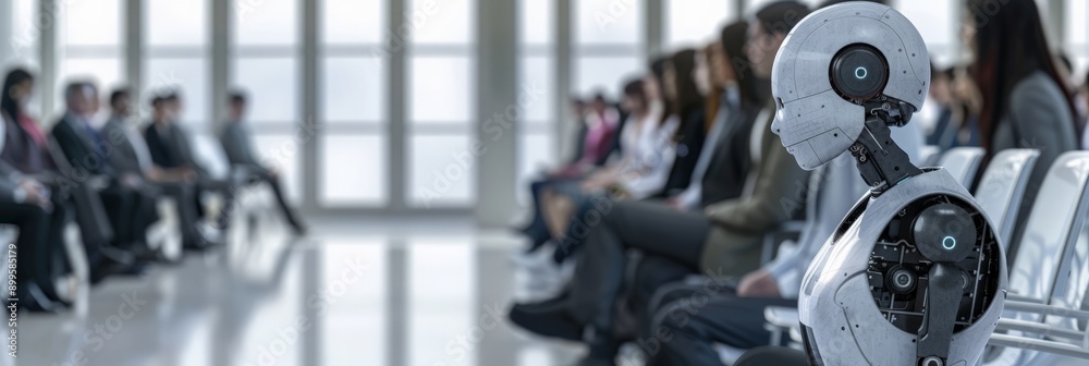 Poster Robotic candidate in a business suit waiting in line with humans for job interviews. AI and robotics merging with professional environments.
