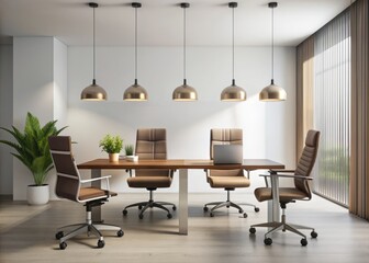 Sleek and modern office interior features a minimalist desk, elegant chairs, and a sophisticated pendant light, set against a crisp white background, exuding contemporary simplicity.