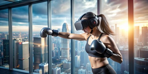 Female Asian boxer trains at home wearing futuristic virtual reality gloves and headset amidst exercise equipment and cityscape background blurred in the distance.