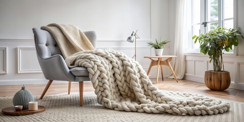 Merino wool chunky blanket complements cozy Scandinavian interior with bed, chair, and white wall.