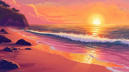 Illustrate a peaceful sunset over a quiet beach, with waves gently lapping at the shore. Use warm tones of orange and pink to create a relaxing and serene ambiance.