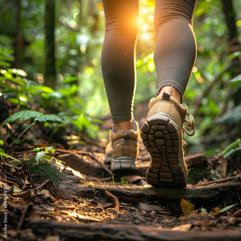 Poster Taking the First Step on a Hiking Trail Symbolizing New Beginnings in a Lush Forest Landscape