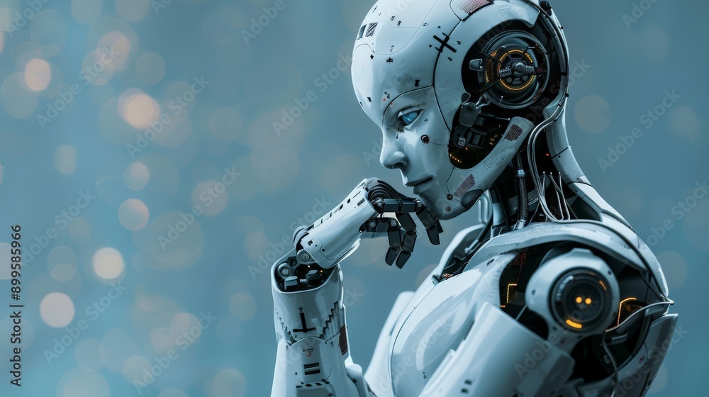 Poster Thoughtful robot with advanced mechanics in blue environment. Concept of futuristic technology and intelligent machines.
