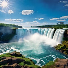 Fototapeta premium A breathtaking panorama captures the majestic Niagara Falls at sunset, showcasing cascading waterfalls, lush greenery, and a vibrant sky.