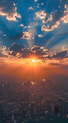 Obraz premium Radiant Sunrise over Soaring City Skyline Signifying Fresh Starts and New Opportunities in Urban Life