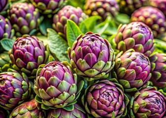 Obraz premium Fresh artichokes arranging in a neat row, vibrant green leaves with tender purple centers, illuminated by natural light at a bustling farmers market stall.