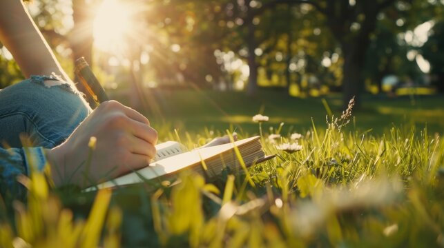 Person journaling in a beautifully landscaped garden, emphasizing mindfulness and self-reflection with sharp, clear visuals, professional mental wellness