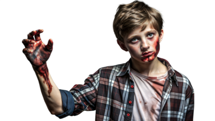 Young Boy Dressed as Zombie in Grimy Clothes With Bloody Hands on Halloween Night