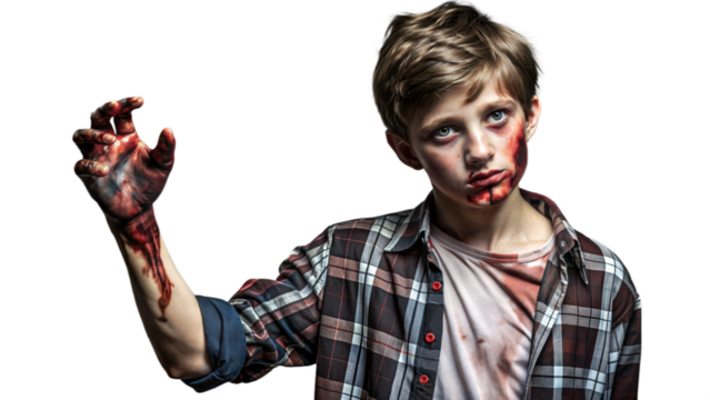 Young Boy Dressed as Zombie in Grimy Clothes With Bloody Hands on Halloween Night