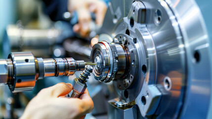 Fototapeta premium A close-up of intricate machinery being assembled, depicting precision, engineering, and modern technology in action.