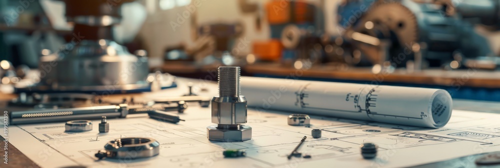 Poster Mechanical parts and blueprints on a workbench in an engineering workshop. Ideal for mechanical design and engineering projects.