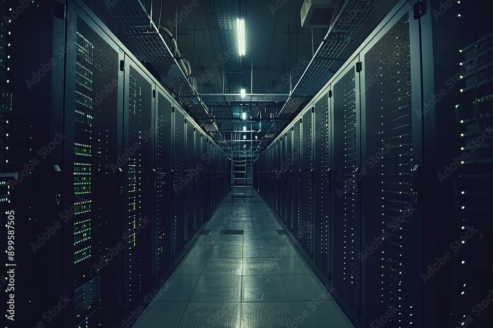 Poster dark server room with subtle ambient lighting showcasing rows of active servers in a high-tech infra