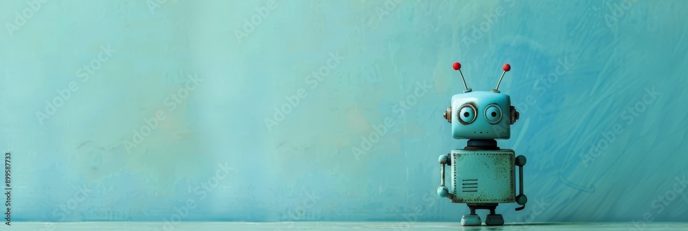 Aufkleber vintage-style small robot with antennas standing against a textured teal background. represents the 