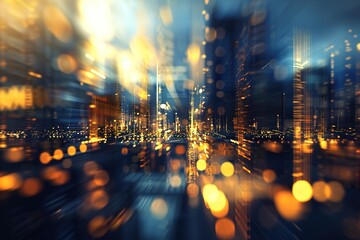 Obraz premium Abstract blurred background of a cityscape with light streaks and glowing elements, showcasing a technology concept with digital identity style, high resolution, dark blue and gold color theme
