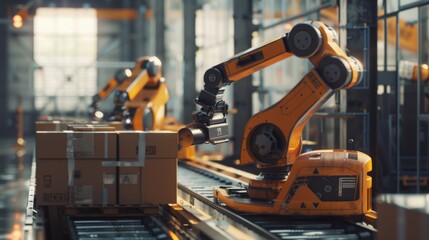 Industrial robotic arms efficiently handle boxes in a modern warehouse, showcasing automation and technological advancements in logistics.