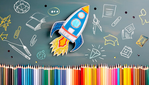 Schultafel, B&uuml;cher, Stift, Rakete 