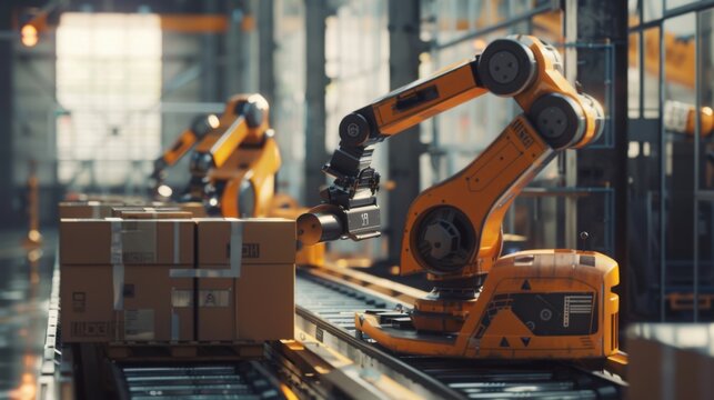 Industrial robotic arms efficiently handle boxes in a modern warehouse, showcasing automation and technological advancements in logistics.