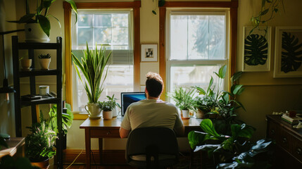 Fototapeta premium Man working on a laptop at a desk beside large windows with green plants, basking in the morning light.