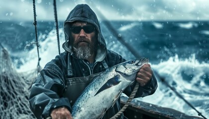 Obraz premium Commercial fishing on a ship in the ocean during a storm. A fisherman catches sea fish with nets on a boat.