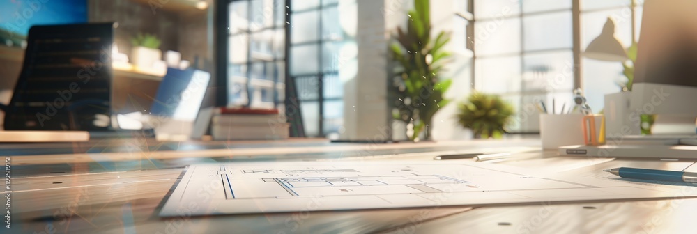 Poster architectural blueprints and a pen on a desk in a creative office environment with bright natural li