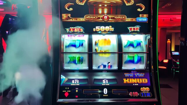 Exciting slot machine action with fog effects at local casino
