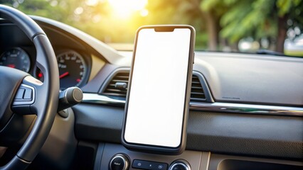 Isolated white smartphone screen with blank display on car dashboard, empty space for text or graphics, perfect for navigation or GPS mockup, copy space available.