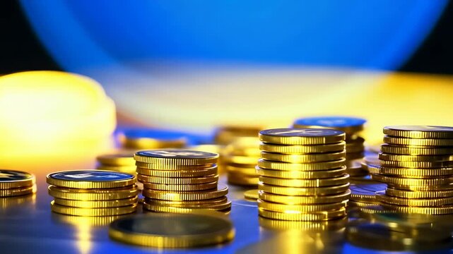 Stacks of gold coins reflecting light in a dimly lit room