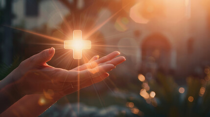 A glowing cross softly illuminates the evening in the hands of a person, radiating warmth and spiritual significance in a tranquil setting.