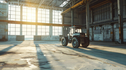 Obraz premium A lone tractor sits in an expansive, sunlit warehouse, casting long shadows across the empty, industrial space, evoking a sense of stillness and nostalgia.