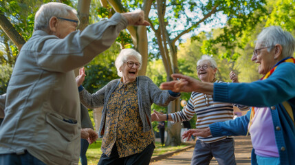 Elderly individuals joyfully dancing together in a sunlit park, embracing the lively, carefree spirit of life and community.