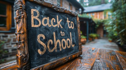 Obraz premium A weathered chalkboard sign with the message Back to School written in chalk sits on a wooden table outside a rustic building.