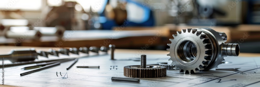 Aufkleber Close-up of gears and mechanical parts on a blueprint in an engineering workshop. Represents mechanical engineering and industrial design.