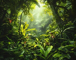 A dense, green forest with sunlight streaming through the canopy, highlighting the lush undergrowth and variety of plants on the forest floor.