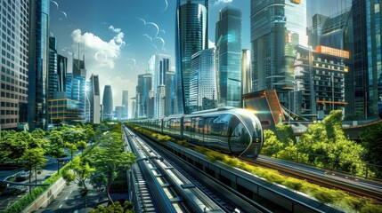 Fototapeta premium Futuristic cityscape with advanced transportation and modern skyscrapers, showcasing innovation and green spaces.