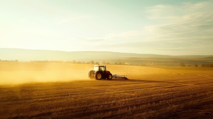 Fototapeta premium tractor plowing field in harvest season outdoors, industrial mood landscape view