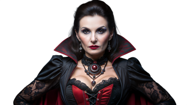 Elegant Vampire Woman Dressed in Dark Costume With Dramatic Makeup Posing Confidently Against a Transparent Background