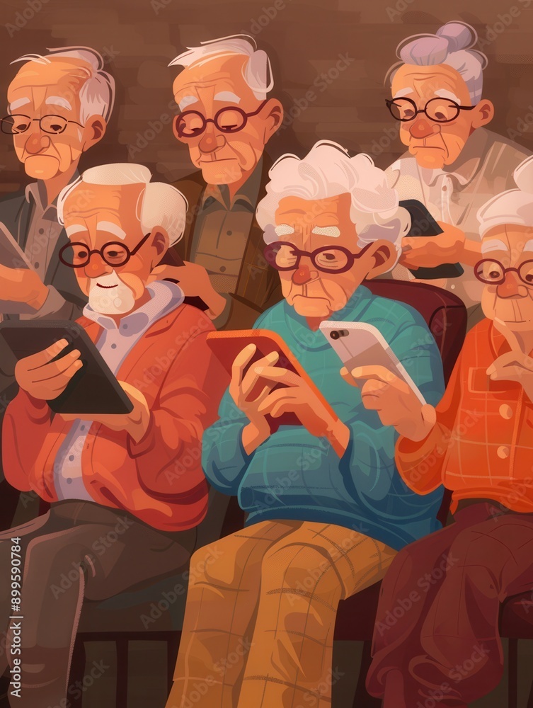 Poster a group of elderly individuals actively use their devices, enjoying technology together in a warm an